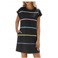 Sequin Dress - Black with Colourful Sequin Stripes (Size Small)